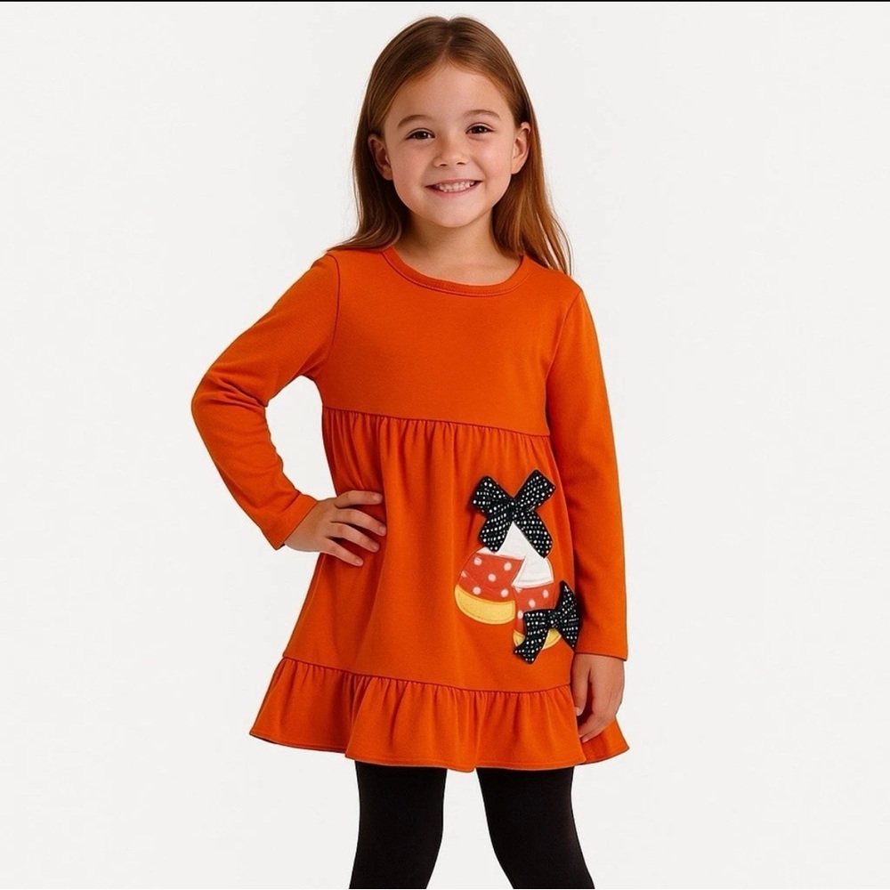 Girls Orange Black‎ Fall Top Tunic Size 6 7 Bows Costume Candy Corn Halloween
